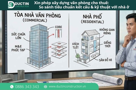 Xin phép xây dựng văn phòng cho thuê: So sánh tiêu chuẩn kết cấu & kỹ thuật với nhà ở