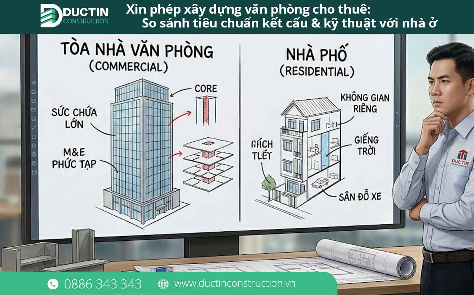 Xin phép xây dựng văn phòng cho thuê: So sánh tiêu chuẩn kết cấu & kỹ thuật với nhà ở